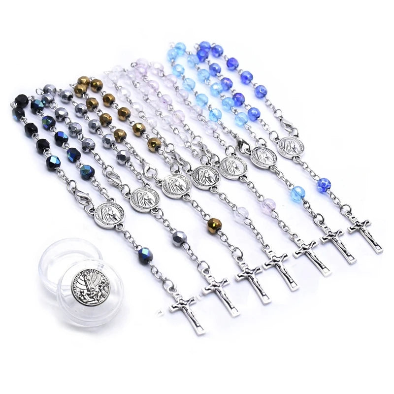 Fatima Crystal Rosary Bracelet Jesus Cross Christian Jewelry With Box Eight Colors For Men Women