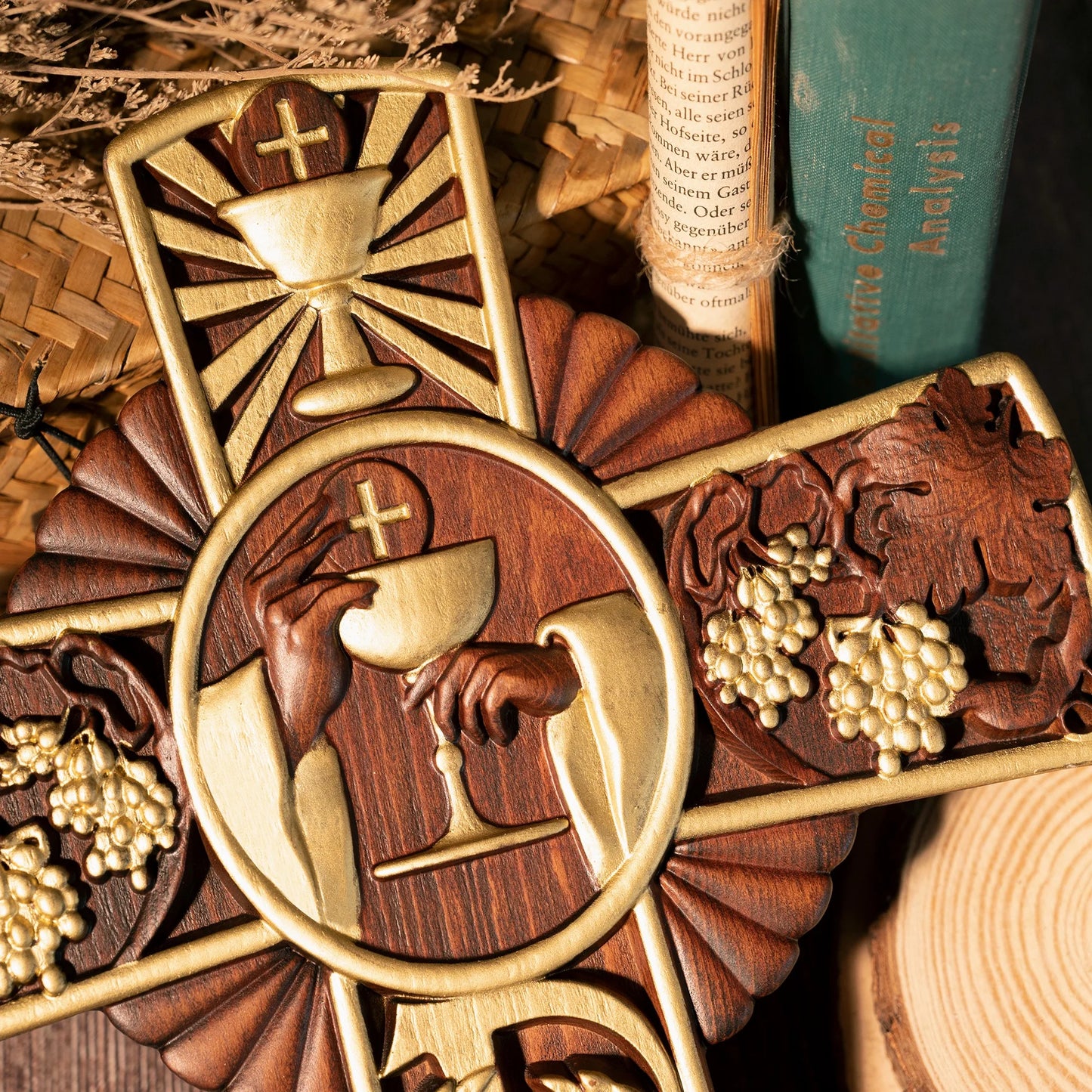 Intricately Carved Wooden Cross with Sacred Designs