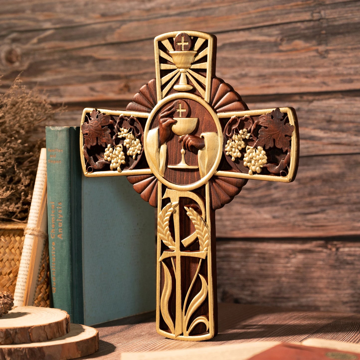 Intricately Carved Wooden Cross with Sacred Designs