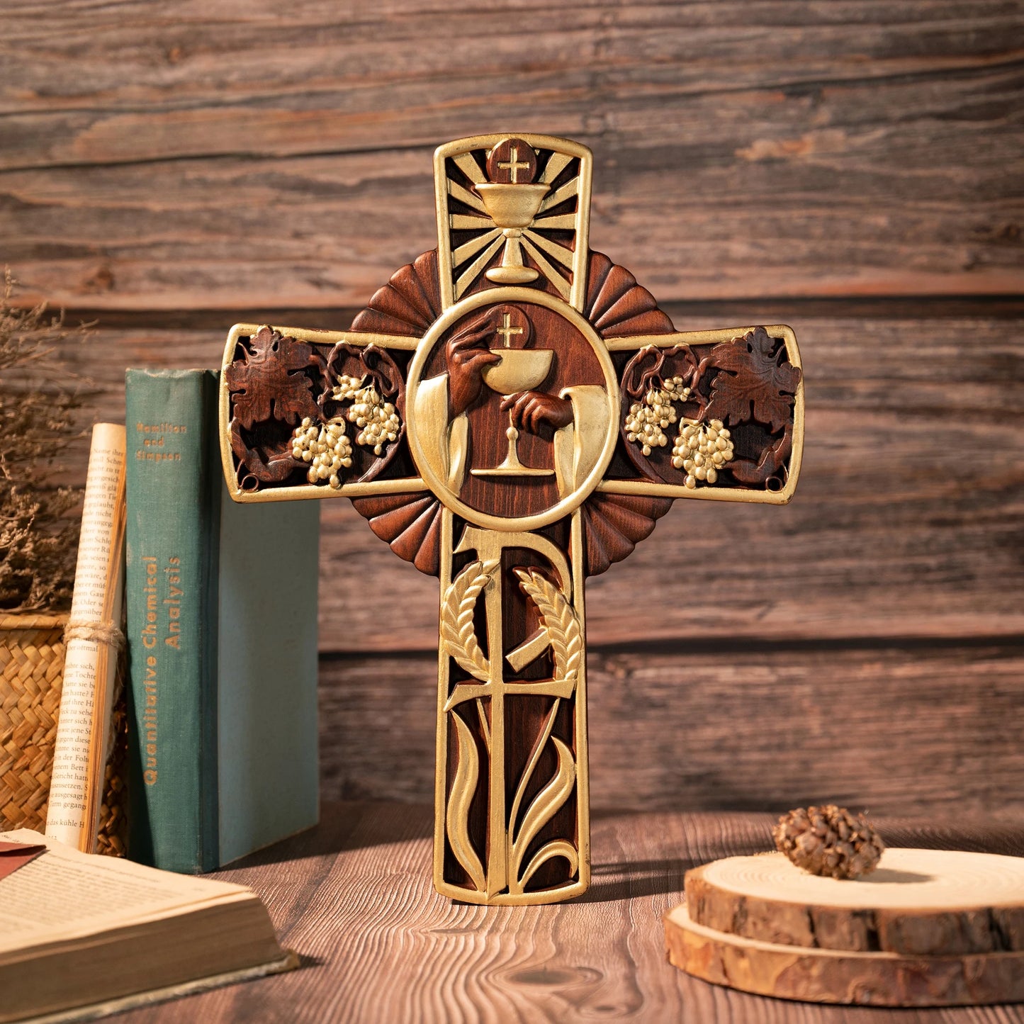 Intricately Carved Wooden Cross with Sacred Designs