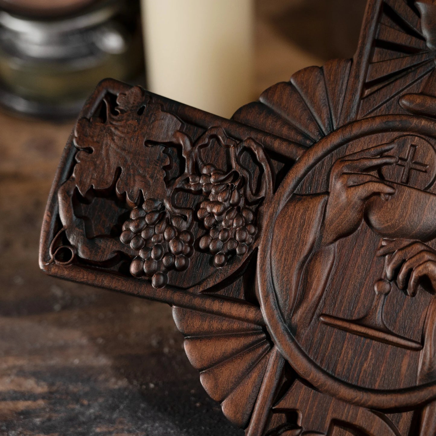 Intricately Carved Wooden Cross with Sacred Designs