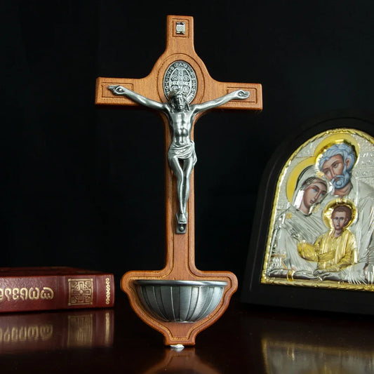 Illuminated Wall Crucifix with Holy Water Font