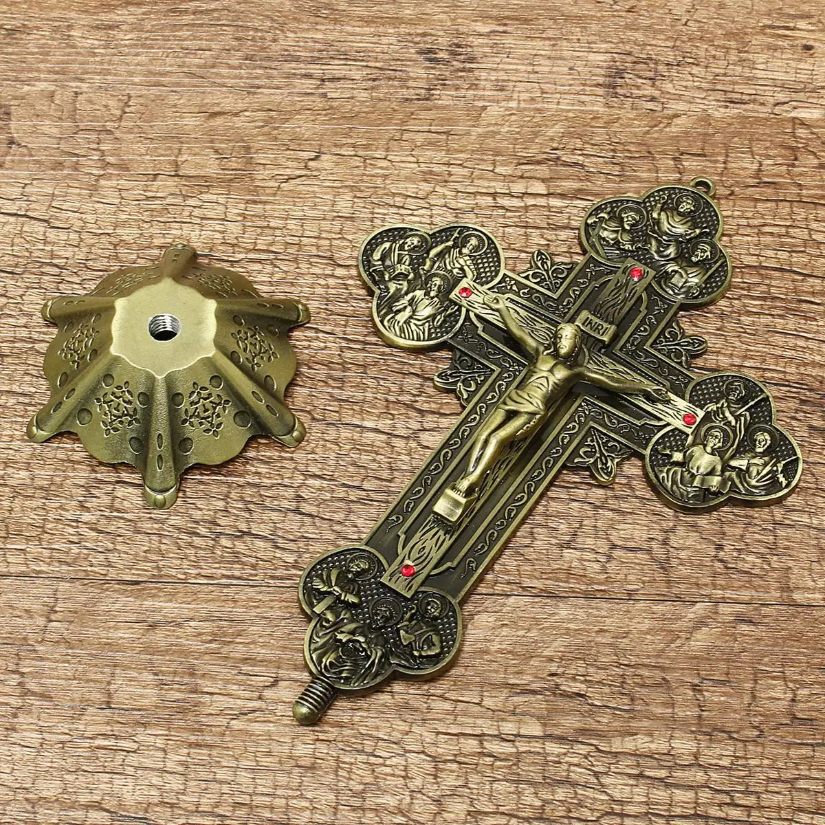 Ornate Bronze Standing Cross with Detailed Filigree