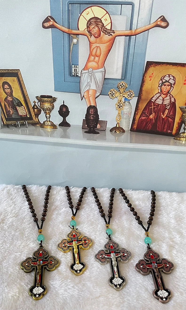 Orthodox Crucifix Gold Cross Necklace Wooden Rosary Beaded Chain Religious Jesus Prayer Jewelry Ожерелье с золотым крестом