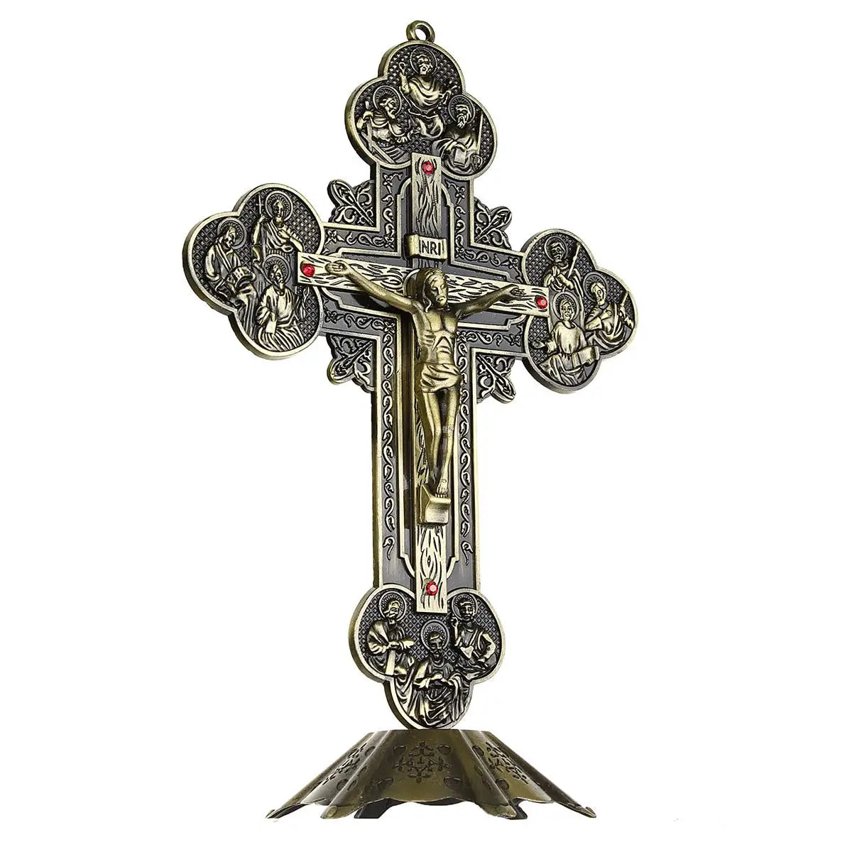 Ornate Bronze Standing Cross with Detailed Filigree