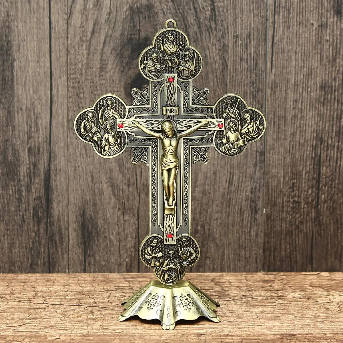 Ornate Bronze Standing Cross with Detailed Filigree