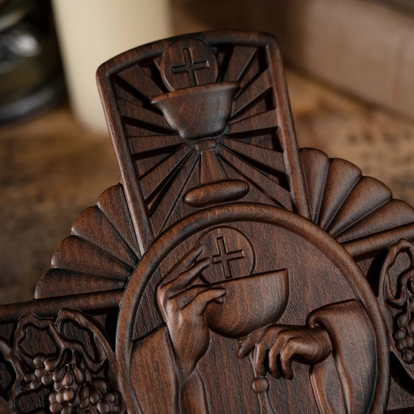 Intricately Carved Wooden Cross with Sacred Designs