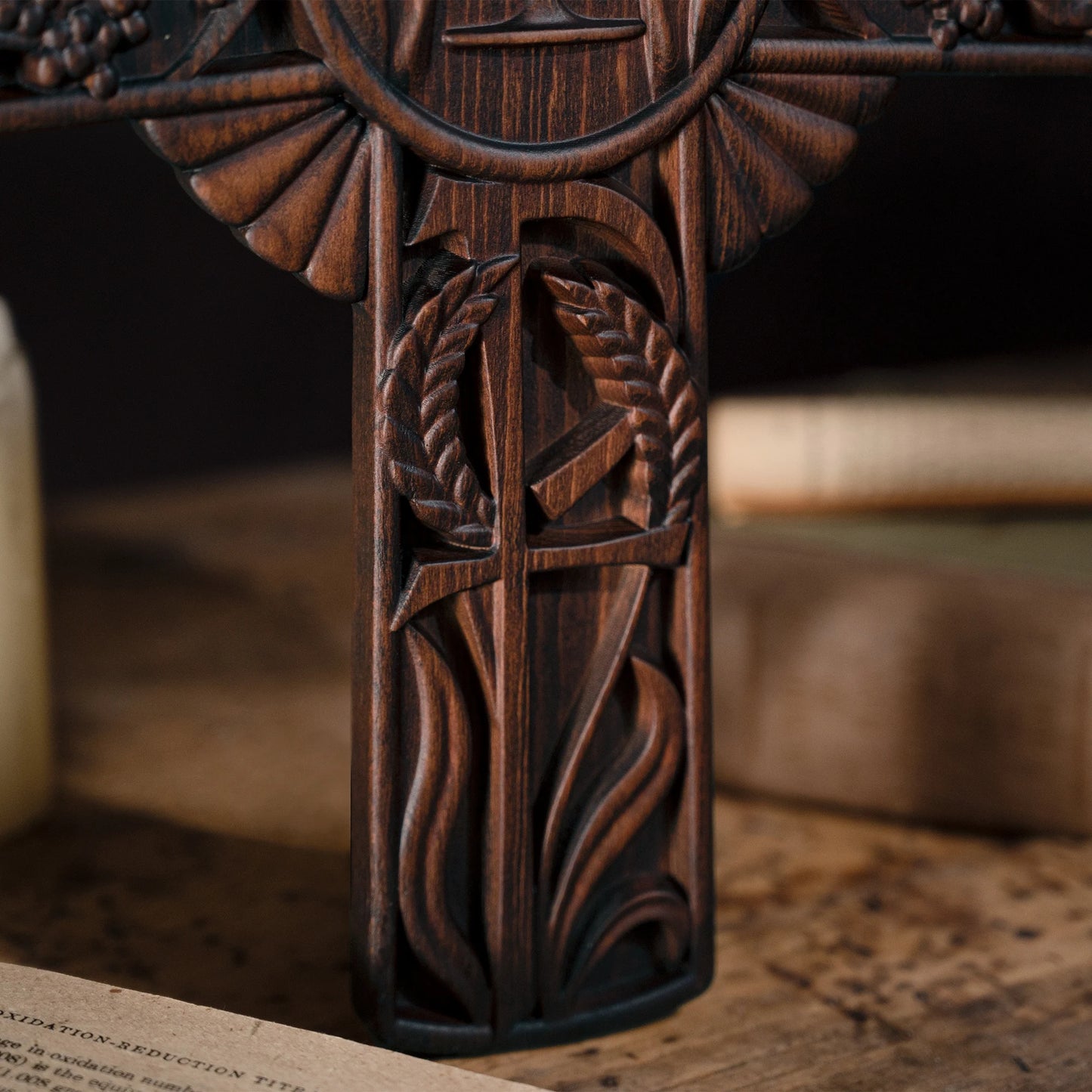 Intricately Carved Wooden Cross with Sacred Designs