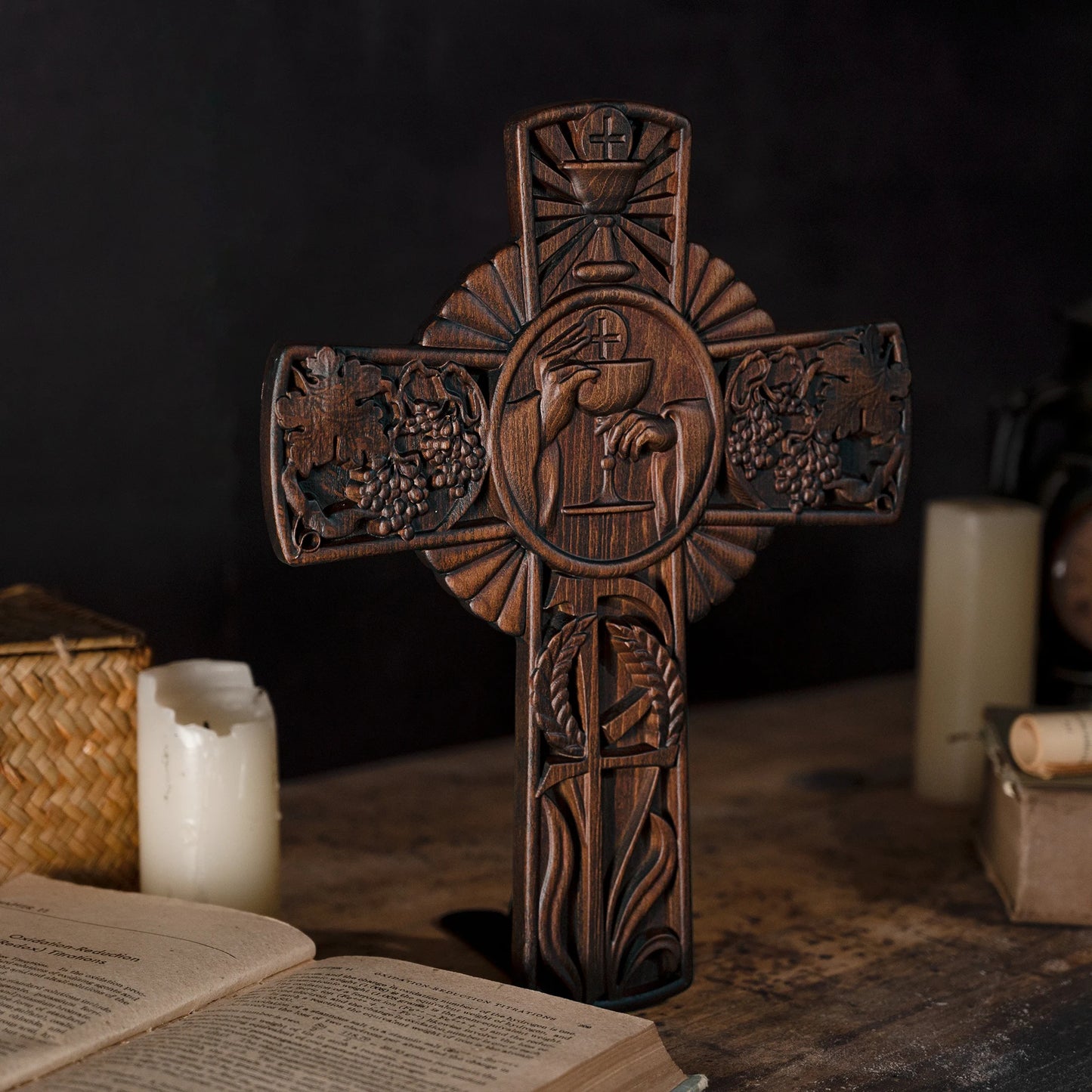 Intricately Carved Wooden Cross with Sacred Designs