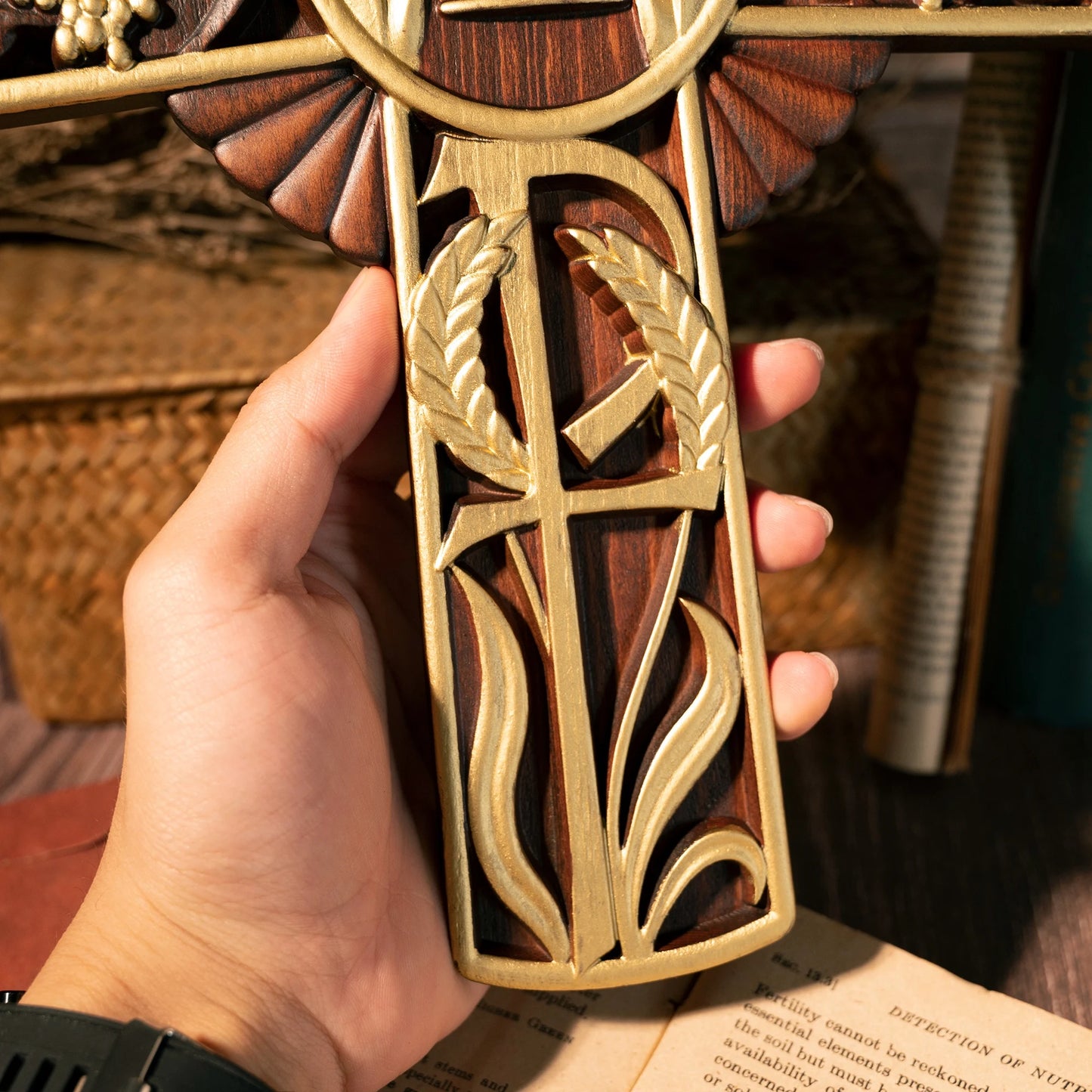 Intricately Carved Wooden Cross with Sacred Designs