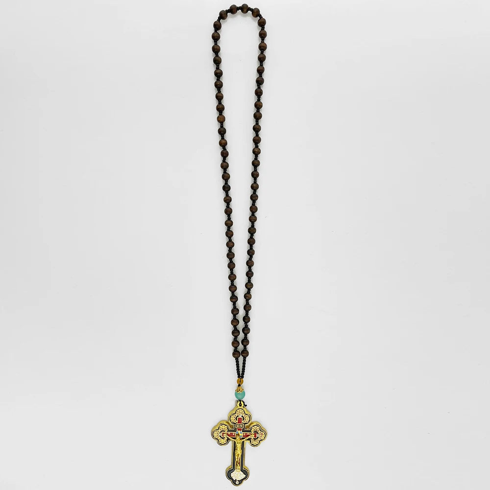 Orthodox Crucifix Gold Cross Necklace Wooden Rosary Beaded Chain Religious Jesus Prayer Jewelry Ожерелье с золотым крестом