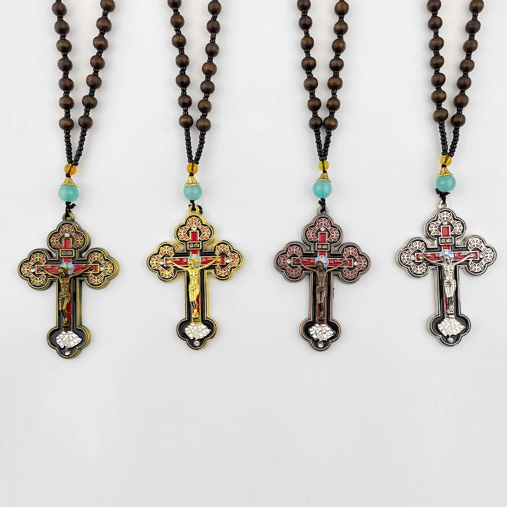 Orthodox Crucifix Gold Cross Necklace Wooden Rosary Beaded Chain Religious Jesus Prayer Jewelry Ожерелье с золотым крестом