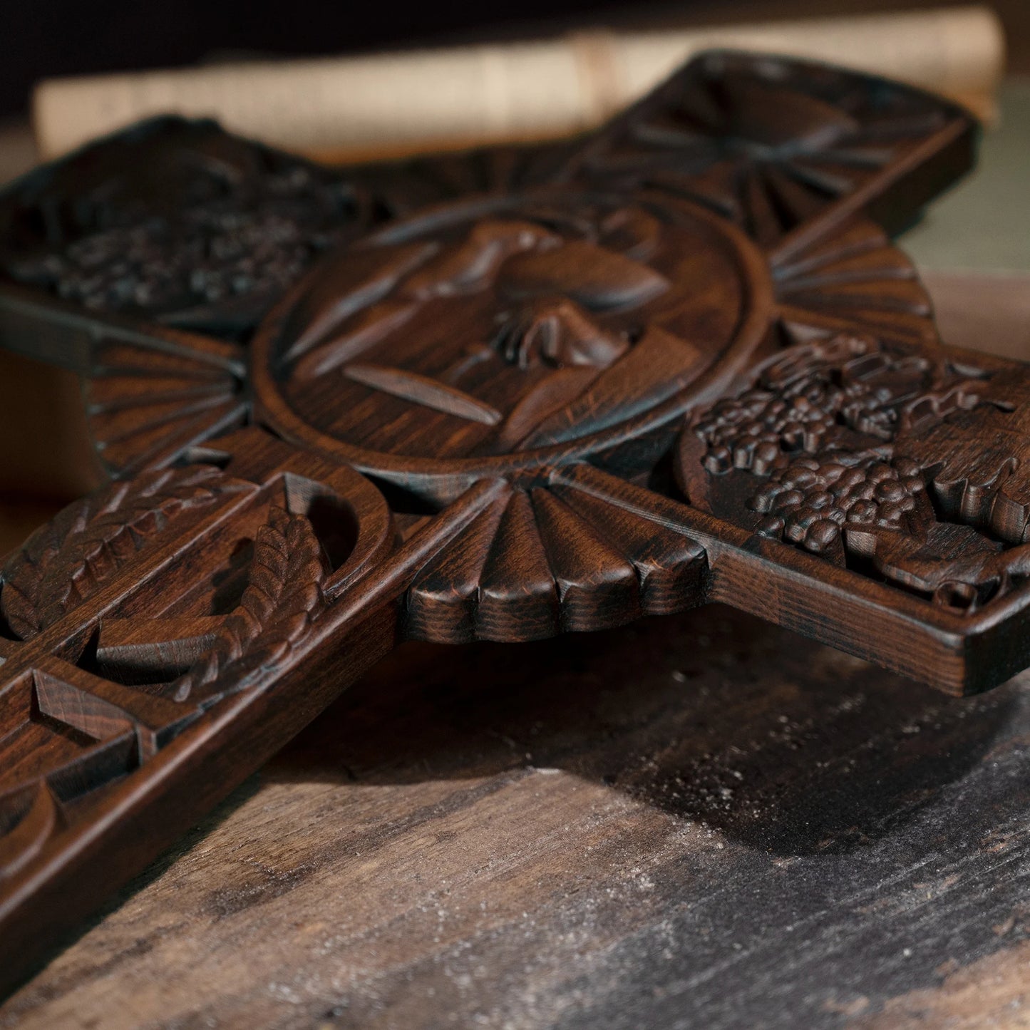 Intricately Carved Wooden Cross with Sacred Designs