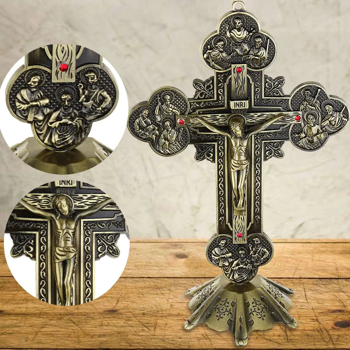 Ornate Bronze Standing Cross with Detailed Filigree